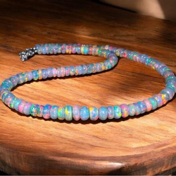 AAA Ethiopian Fire Opal Beaded Necklace, Sterling Silver 18” - Picture 2 of 4